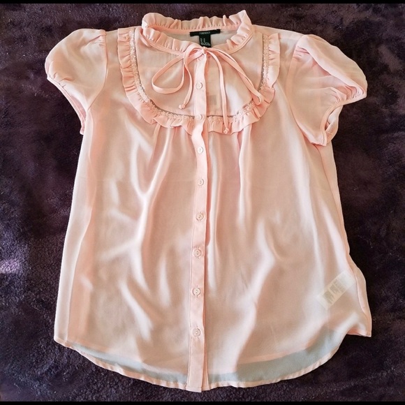 Sheer Pink Short Sleeve Button Down Blouse - Picture 2 of 3